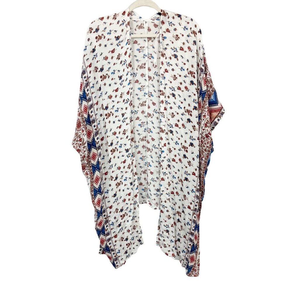 NEW Francesca's Blue Rain White & Blue Floral Ikat Kimono Boho‎ Rayon MEDIUM